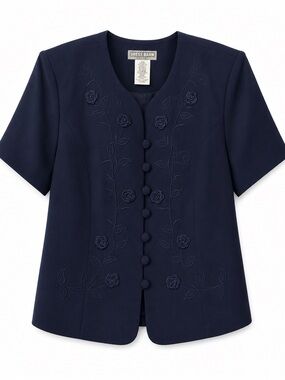 Dress Barn Women Navy Blue Floral Embroidered Short Sleeve Jacket Blazer